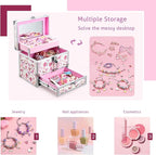 Hododou Girls Jewelry Box Organizer with Drawer & Mirror, Shiny Pink Style Lockable Storage Case for Kid or Little Girls Jewe