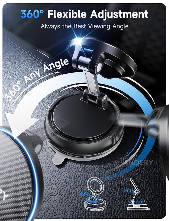 ANDERY Only for iPhone Magsafe Car Mount Charger [15W Wireless Faster Charging, 78+LBS Strongest Suction, 2400gf Strongest Magnetic] 360° Adjustable Car Phone Holder, Phone Holders for Your Car, Black