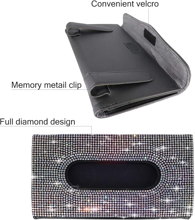Car Sun Visor Mask Box Holder Leather Sparkling Bling Bling Multicolor Crystals Mask Cover Case & Glitter Mask Hook Clip for Women（AB Color）