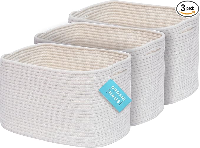 OrganiHaus Rope Baskets for Shelves - Set of 3 Woven Storage Baskets for Organizing, Closet & Toy Storage - Off-White - 15x9x