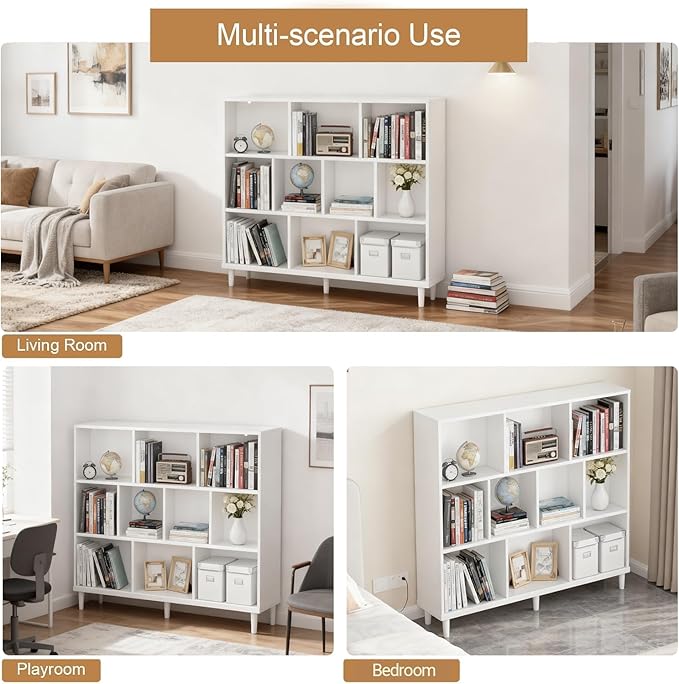 10 Cube Storage Organizer |Wide Bookshelf|3 Shelf Bookcase |Library Bookcase -Cubic Storage Cabinet（Storing Books,Toys & More