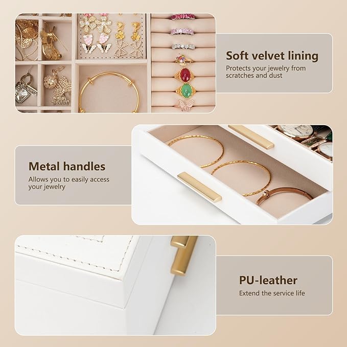 Jewelry Box for Women, 3-Layer Jewelry Box, Jewelry Organizer with Clear Glass Lid and Drawers, Jewelry Organizers and Storag