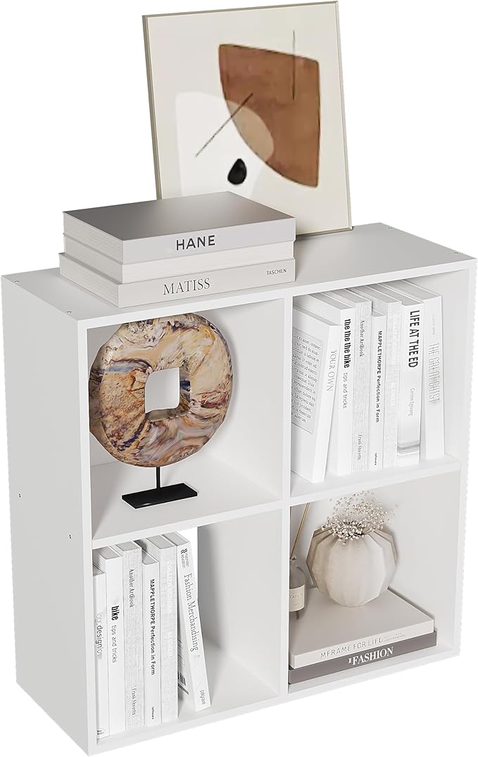 Cube Storage Organizer,Wood Organizer with Open Back,2 Tier Bookcase,Open Bookshelf for Home Office Living Room (White, 4-Cub