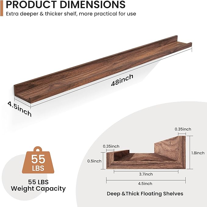 Fun Memories Picture Ledge Shelves Set of 2, 48 Inch Rustic Wall Mounted Floating Shelves with Lip for Home Storage and Décor