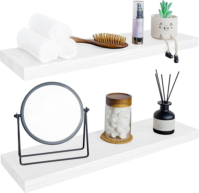 BGMG Wood Floating Shelves for Wall 30 inch Set of 2,White Floating Shelves,Solid Wood Wall Mount Shelves for Bathroom Living