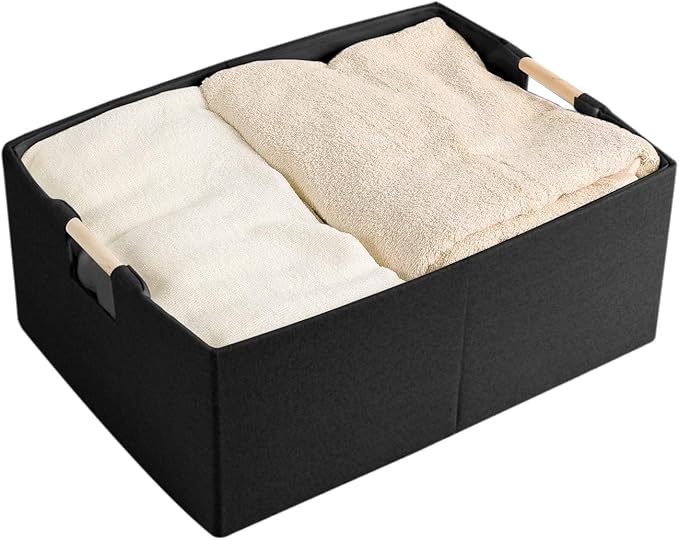 Fabric Storage Bin Box Foldable Cotton Linen Storage Basket with Wooden Handles Rectangular Cube Decorative Home Laundry Orga