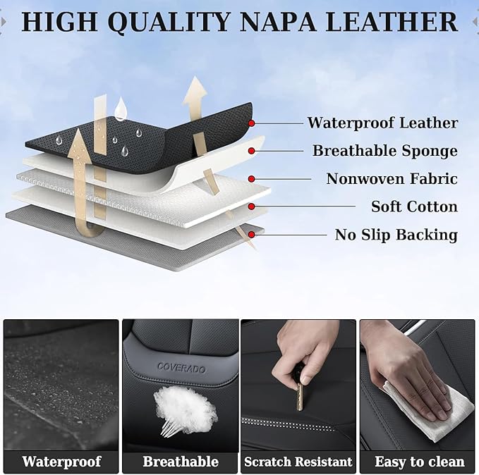 Coverado Car Seat Covers Full Set, Car Seat Protector Waterproof, Nappa Leather Car Seat Cushion, Seat Covers for Cars, Front