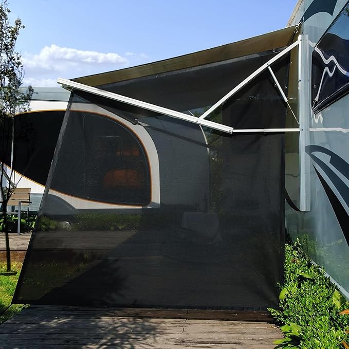 RV Awning Side Shade 9'X7',Black Mesh RV Awning Sun Shade Screen,Universal Trailer Sunshade Screen with Complete Kits,Improves Shadow and Privacy.