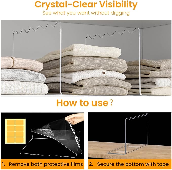 OKPOW Shelf Dividers for Closet Organization: 10" Tall X 12" Deep, Acrylic Clear Separators for Clothes, Vertical Shelf Divid