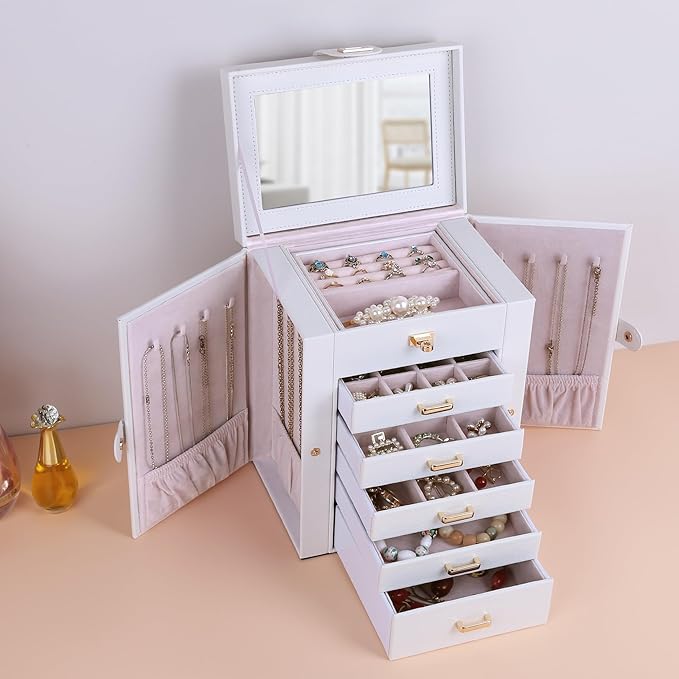 Kendal Jewelry Box, 6-Layer Jewelry Storage Organizer for Necklace Bracelet Rings Watch, 10.2"x8.2"x6" Classic PU Leather 5 D