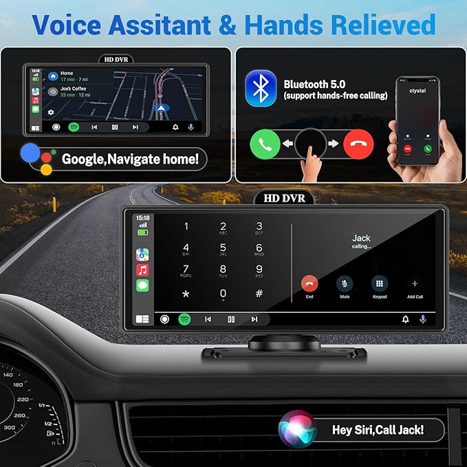 Wireless Apple Carplay Screen for Car with 4K Dash Cam, 10.26" Portable Apple Carplay & Android Auto, HD Touchscren with 1080