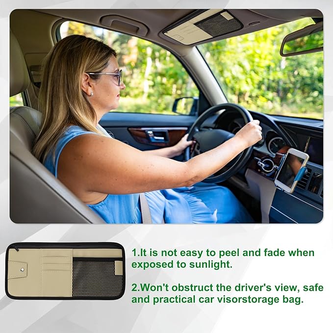 PATIKIL 1Pcs Car Sun Visor Organizer, 12.8 x 6.5 Inch PU Leather Vehicle Storage Pouch Holder for Sunglasses Card Pen Driver License Car Accessories, Beige