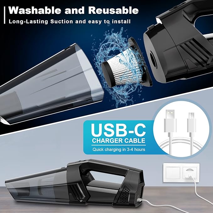 Handheld Vacuum Cordless Portable Car Vacuum with LED Light, High Power Suction, 3 in 1, Lightweight Rechargeable Hand Vacuum