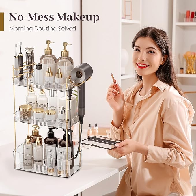 Bathroom Counter Organizer Countertop, 3 Tier Makeup Perfume Storage with Hair Dryer Rack and Toothbrush Holder, Cosmetic Tra