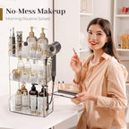 Bathroom Counter Organizer Countertop, 3 Tier Makeup Perfume Storage with Hair Dryer Rack and Toothbrush Holder, Cosmetic Tra