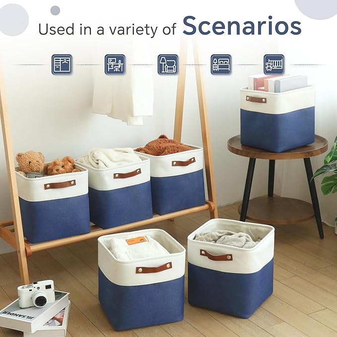 FinishingBo Cube Storage Baskets 6 Pack, 11x11 inch Cube Storage Bins with Leather Handles for Shelf Closet (White/ Blue)