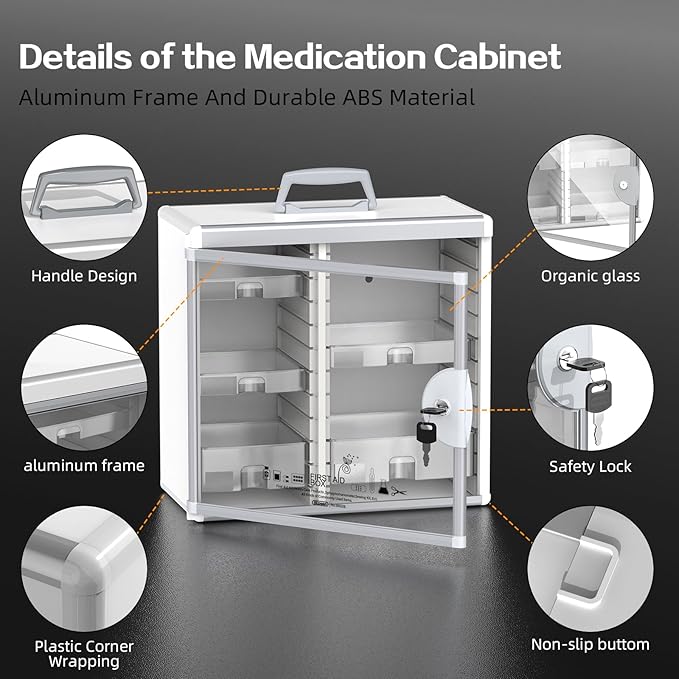 Glosen Medicine Cabinet Locking Medicine Cabinet Wall Mounted【 Silver 13.6 x 13.4 x 6.5 Inch 】 Portable Storage Container Big