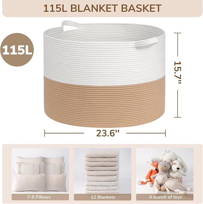INDRESSME 115L Extra Large Jute Rope Basket, Blanket Basket Home Decor Baby Laundry Baskets for Toys Storage Bedroom, Living 