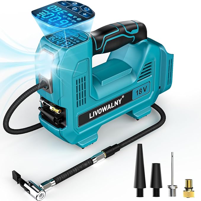 Cordless Tire Inflator Air Compressor Compatible With Makita 18V Battery, LIVOWALNY Portable Handheld Air Pump with Digital Pressure Gauge for Cars Motorcycles Bikes Sport Balls (No Battery)