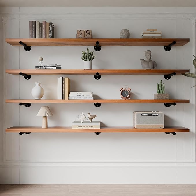 Industrial Pipe Wall Wood Shelves,Real Wooden Shelves 60" in Special Brown Color with 11.8" Extra Width, Modern Floating Shev