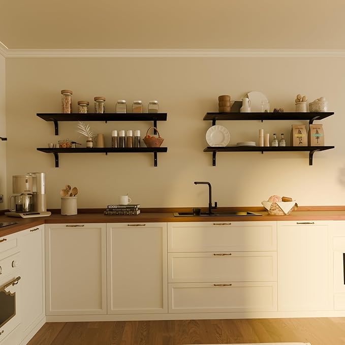 12 Inch Deep Floating Shelves Set of 4, 48 Inch Wide Black Solid Wood Wall Shelves, 4ft Heavy Duty Farmhouse Wall Mounted She