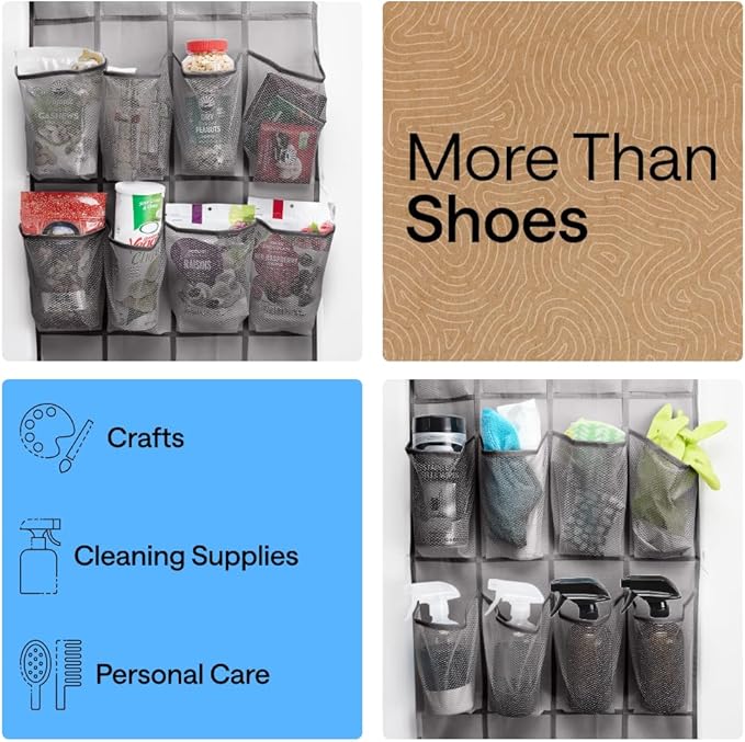 GORILLA GRIP Over the Door Shoe Organizer, 24 Large Breathable Mesh Pockets, Space Saving Hanging Storage Holder, Closet Rack