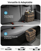 Corduroy Car Trash Can with Lid and Mesh Pockets - Leakproof Organizer,Multipurpose Waterproof Garbage Can/Trash Bin for Car(Leopard Print-2 Gallons)