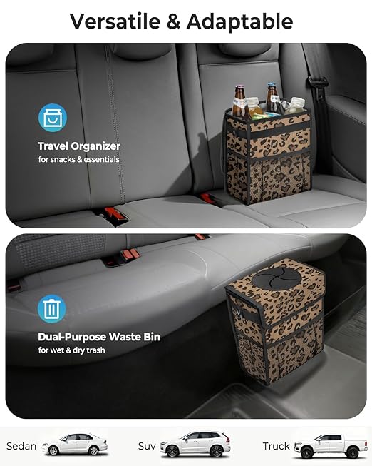 Corduroy Car Trash Can with Lid and Mesh Pockets - Leakproof Organizer,Multipurpose Waterproof Garbage Can/Trash Bin for Car(Leopard Print-2 Gallons)
