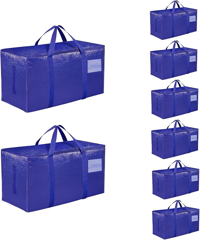 8 Pack-Extra Large Heavy Duty Moving Bags - Waterproof Storage Totes with Handles & Zippers, Foldable for College Dorm, Stora