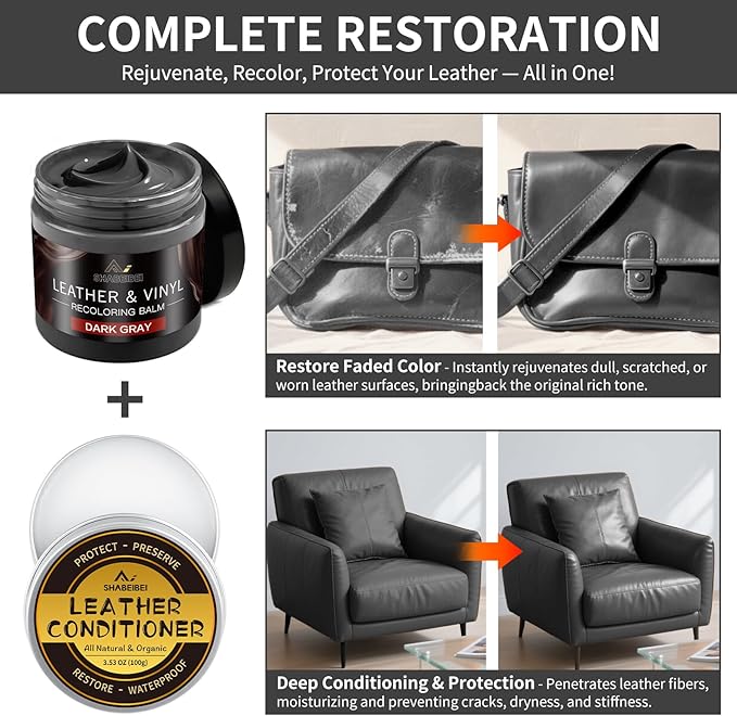 Leather Recoloring Balm with 100ml Mink Oil, Dark Gray Leather Repair Kit and Scratch Remover for Furniture, Car Seats, Sofas