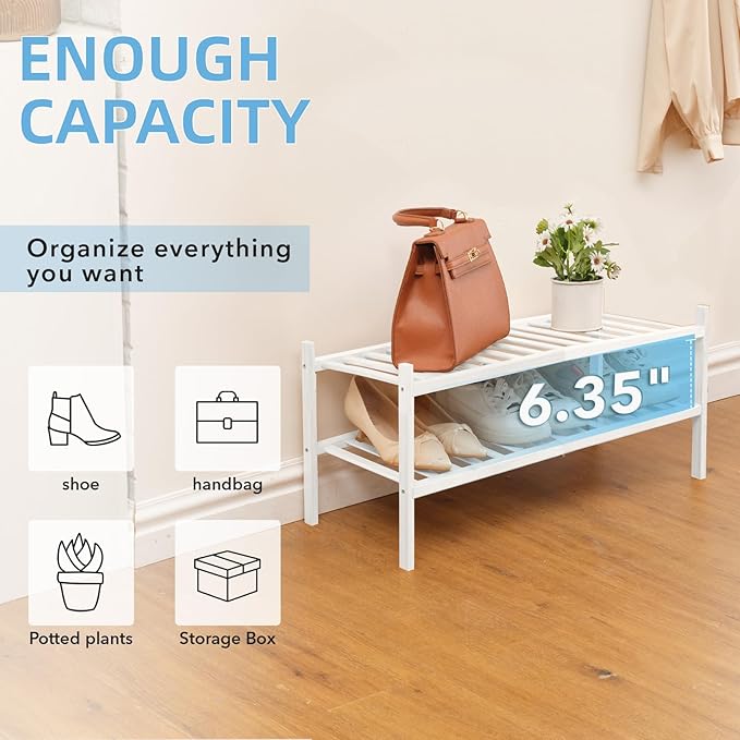 2 Tier Bamboo Shoe Rack Storage Organizer for Closet, Multifunctional Stackable Free Standing Shoe Shelf Organizer for Small 