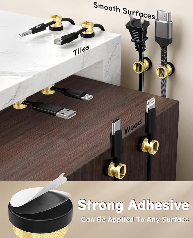 Magnetic Cord Clips 6 Pack, Maveek Wire Organizer Metal Cable Clips Adhesive Cable Management for USB Charging Cords, Desk Office Car Dash Cam Nightstand (Premium Gold Edition)