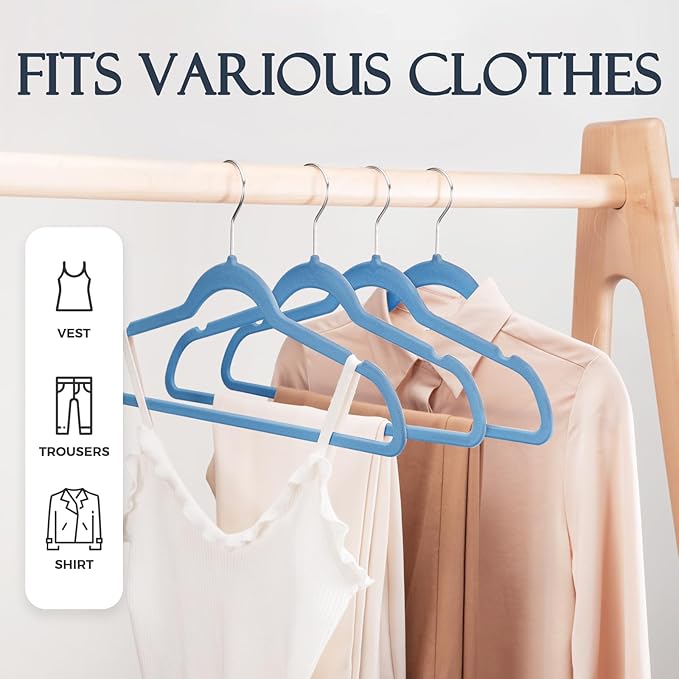 HOUSE DAY Tranquil Blue Velvet Hangers 60 Pack, Non Slip Clothes Felt Hanger Heavy Duty for Coat, Premium Slim Space Saving S