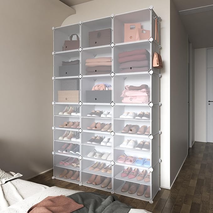 ROJASOP Portable Shoe Rack Organizer with Door, 72 Pairs White Shoe Storage Cabine Covered Shoe Rack Shoe Organizer for Close