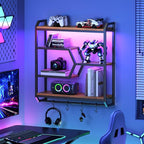 HOOBRO 27.5" Floating Shelf with LED Lights, Gaming LED Wall Mounted Shelf with Hanging Rod & 4 S-Hooks, 4-Tier Hanging Displ