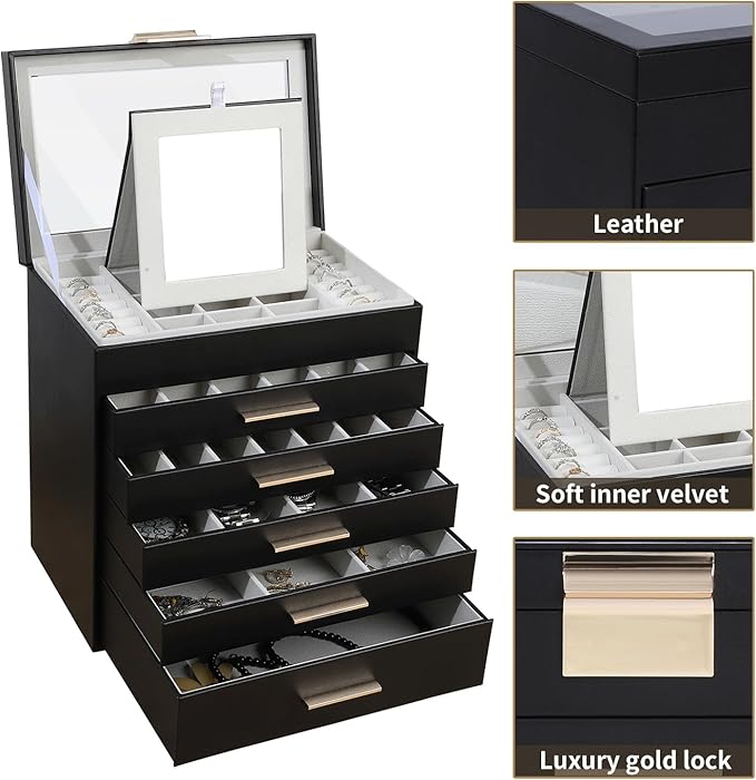 BOOVO Jewelry Boxes for Women, White and Black 6 Layer Large Jewelry Box for Necklace, Bracelet, Earrings, Rings Storage, Jew