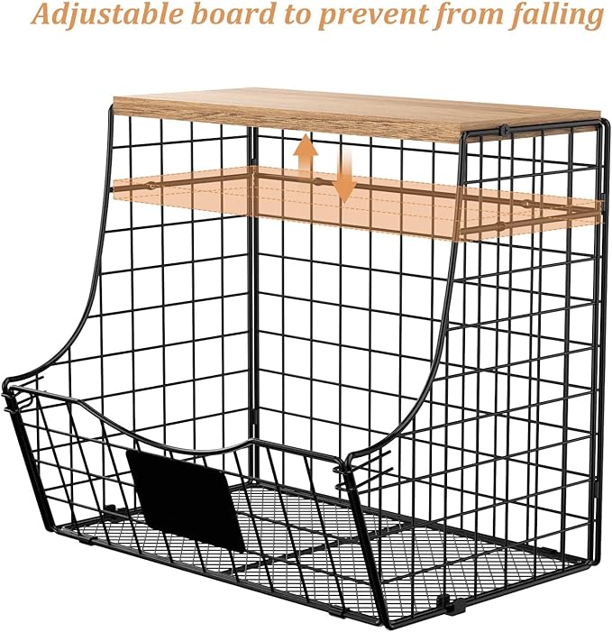 3 Pack wire Fruit Basket for Kitchen with Wood Lid - Counter&Wall Mounted Onion and Potato Storage with Nameplate, Hanging Ba