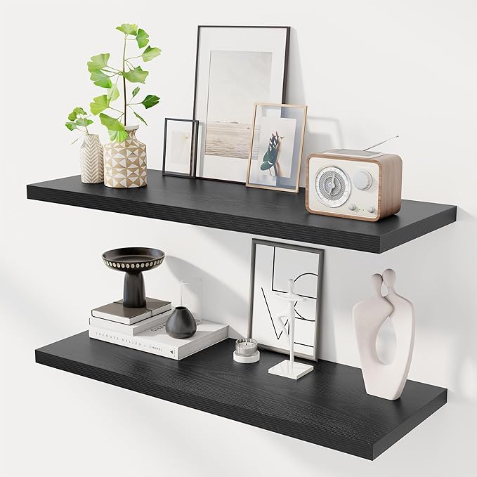 Dreamland 36" Floating Shelves for Wall, 12" Deep Slim Black Floating Shelves, Wall-Mounted Shelves for Bedroom, Living Room,