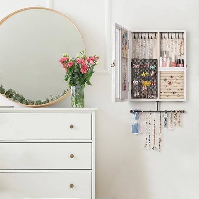 Keebofly Wall Mounted Jewelry Organizer With Rustic Wood Large Space Jewelry Cabinet, Holder, Storage Box for Necklaces, Earr