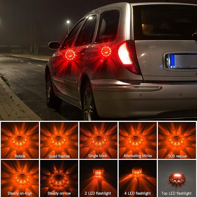 AK [6 Pack LED Road Flares Safety Flashing Warning Light Roadside Emergency Disc Beacon Kit for Vehicles Boats with Magnetic 