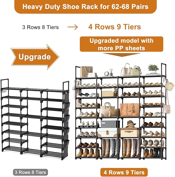 WOWLIVE 4 Row 9 Tiers Extra Large Shoe Rack 68-72 Pairs Big Tall Metal Shoe Shelf, Heavy Duty Organizer for Closet Entryway, 