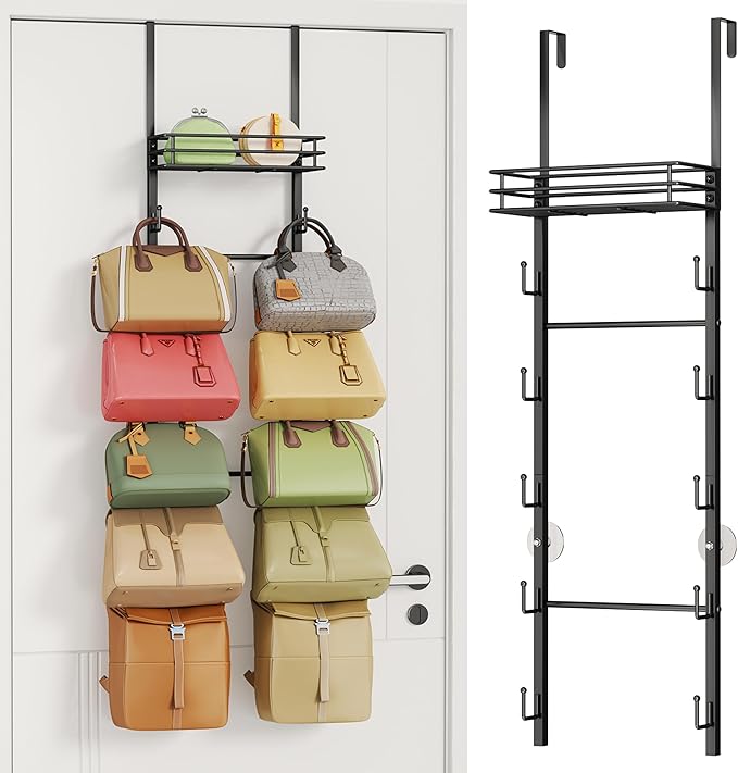 HapiRm Over The Door Purse Organizer - Wall Mounted Purse Rack with 10 Hooks and Metal Basket, Hanging Handbag Organizer Hold