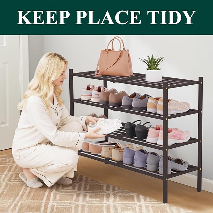 Smiry Long Bamboo Shoe Rack 4-Tier, Stackable Wooden Shoe Organizer for Entryway & Closet, Free Standing Wood Shoe Storage Sh