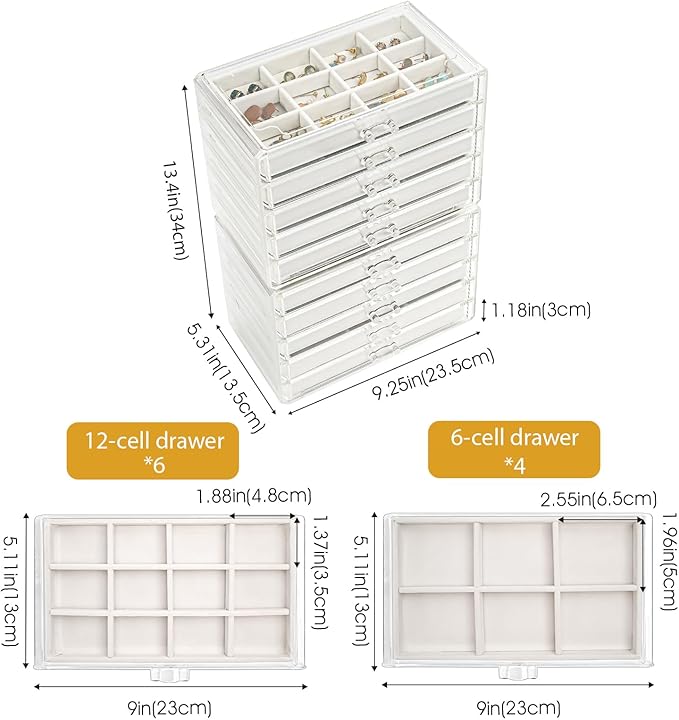 ProCase Earring Holder Organizer Jewelry Box with 10 Drawers, Acrylic Clear Earring Case with Adjustable Velvet Trays for Wom