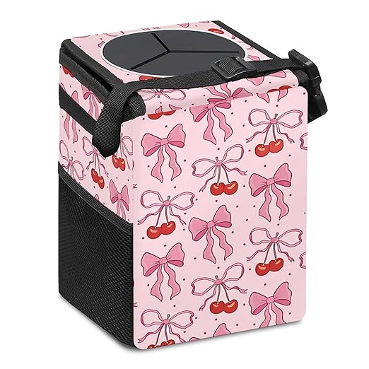 Pink Bow Car Trash Can with Lid Collapsible Reusable Waterproof Car Garage Bag,Automotive Garbage Can,Car Accessories Interior Car Organizer