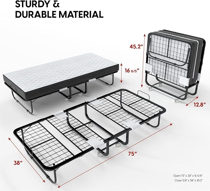 EconoHome Folding Bed with Mattress - 75x38 Twin Size Frame - Portable Rollaway Guest Bed with 5-inch Memory Foam Mattress - 