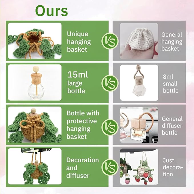 Crochet Car Air Freshener, 15ml Empty Refillable Oil Diffuser Bottle with Hanging Crochet Plant for Car Rearview Mirror Decor