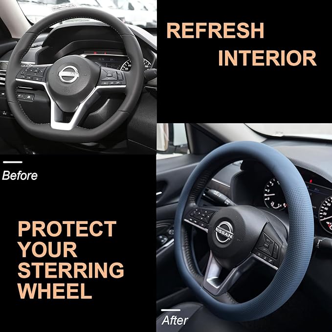 PINCTROT D Shaped Nappa Leather Steering Wheel Cover, Slim Fit No Bulk Design, One Piece Leather with Breathable Perforation,