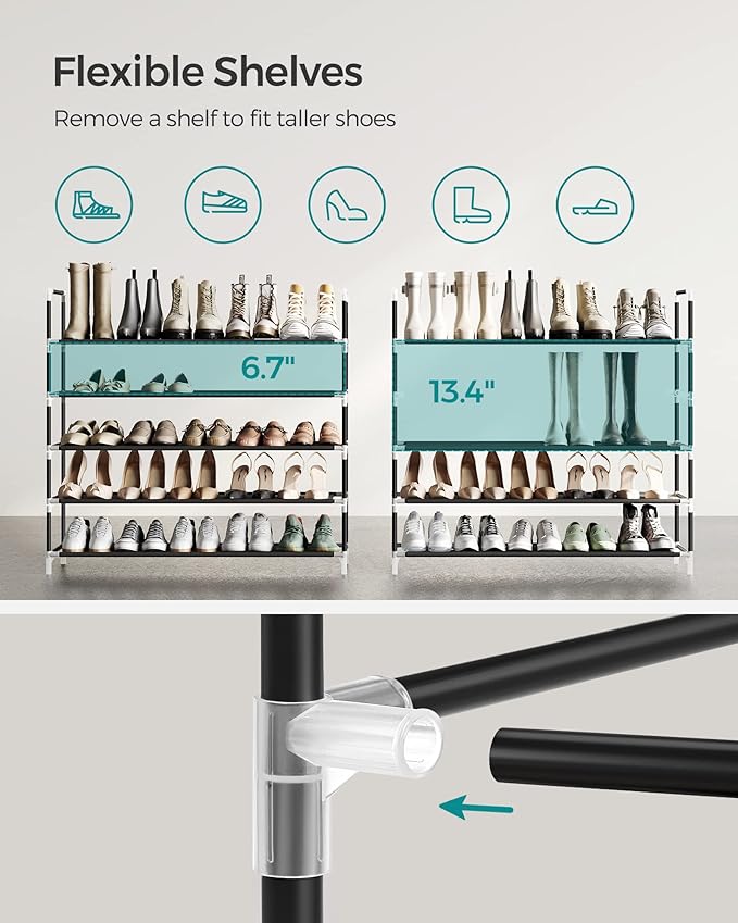 SONGMICS 2-Tier Shoe Rack, Shoe Storage for Hallway Closet, Slim and Space-Saving, Metal Frame, Non-Woven Fabric Shelves, Bla