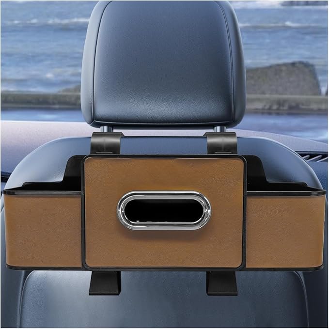 YoRise Multifunctional Car Back Seat Organizer, Leather Automotive Headrest Phone & Tissue & Cup Holder with Hooks, Family Travel Vehicle Backseat Storage Box for Drink, Snack, Handbag (Brown)